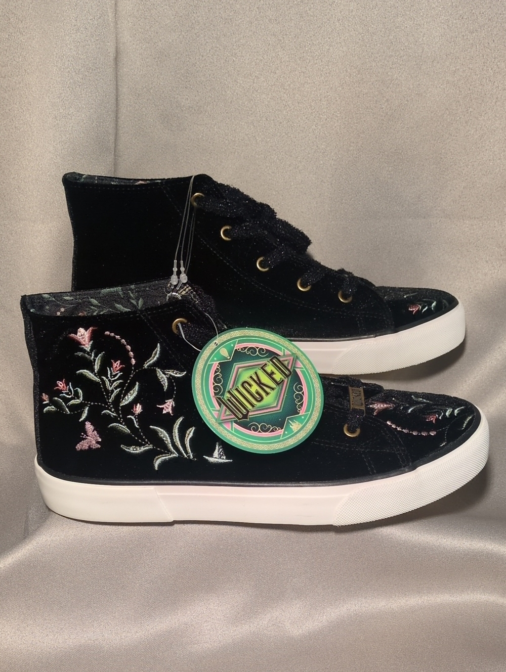 Wicked Black Velvet High-Top Sneakers with Floral Embroidery